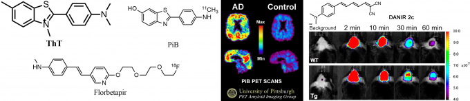 图2 以ThT为源，发现的两个高效PET探针PiB和Florbetapir；右为PiB-PET图，左为患者，右为健康人
